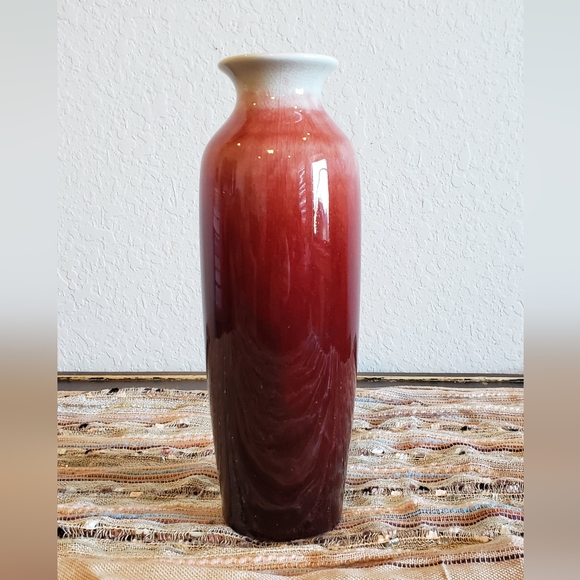 White & Red Ombre Ceramic Drip Crackle Glaze Table Vase MCM Christmas Holiday - Picture 8 of 10